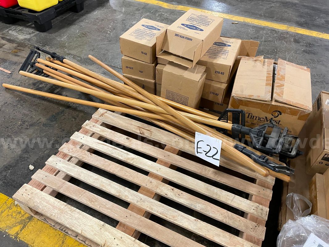 Lot of Mop Handles, Air Freshener Dispensers, and Napkin Trash Cans