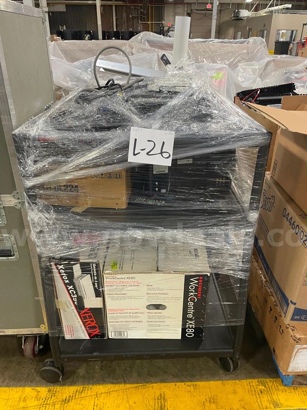 Lot of a Media Cart with Projector, VCR Dual Deck, VCR Recorder, Printers