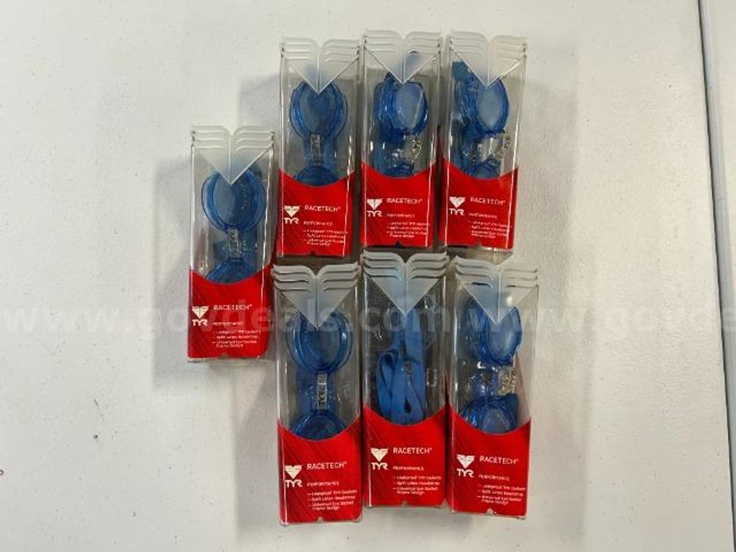 Lot of 7, TYR Racetech swim goggles, Blue Lenses
