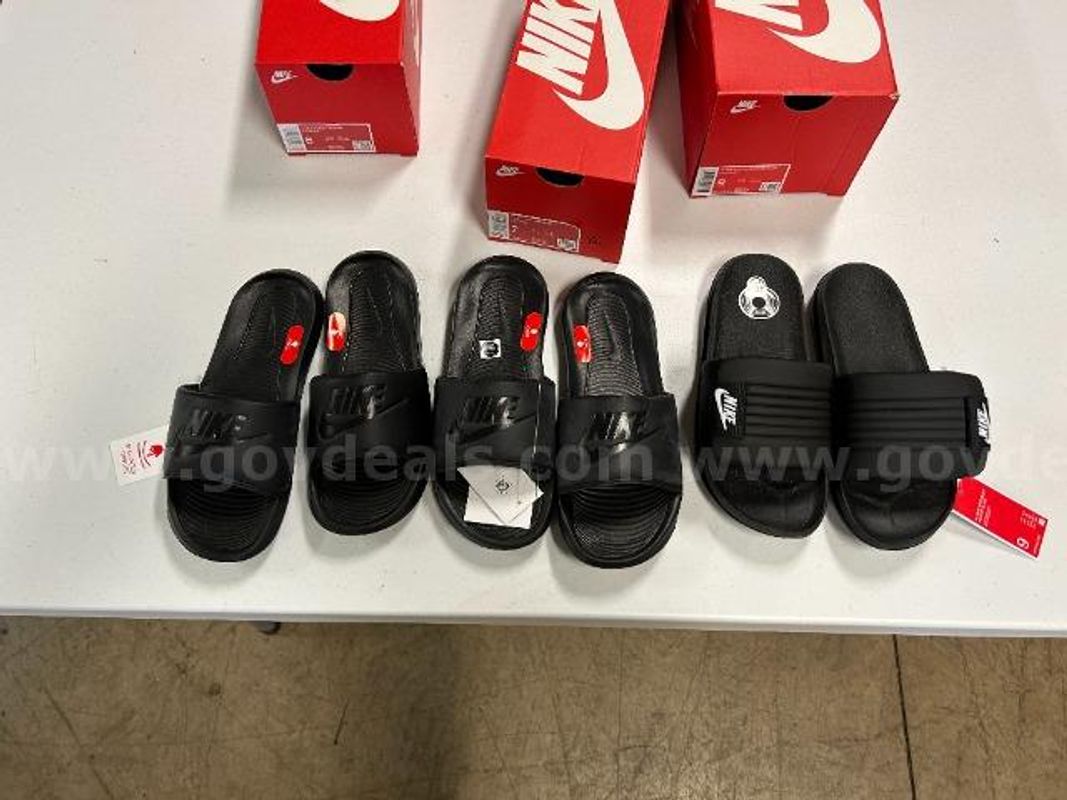 Lot of 3, Nike Slides, Various styles and sizes, Black in color.
