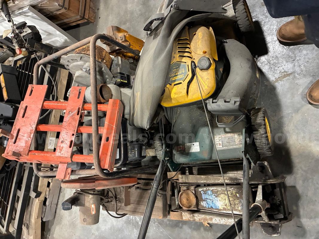 Pallet of items, chop saw, engine driven pumps, engine stand, jack, push mower