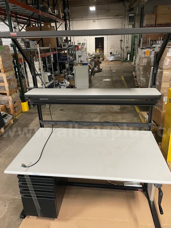 Production Basics Adjustable Workbench, Manual Crank, 60"x30", Power Strip, 5-Drawer, Shelf