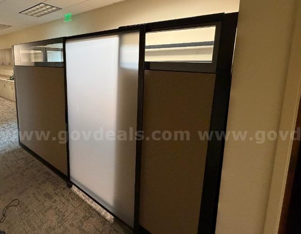 Cubicle with Sit Stand Desk, Fixed desk, and Storage Cabinets