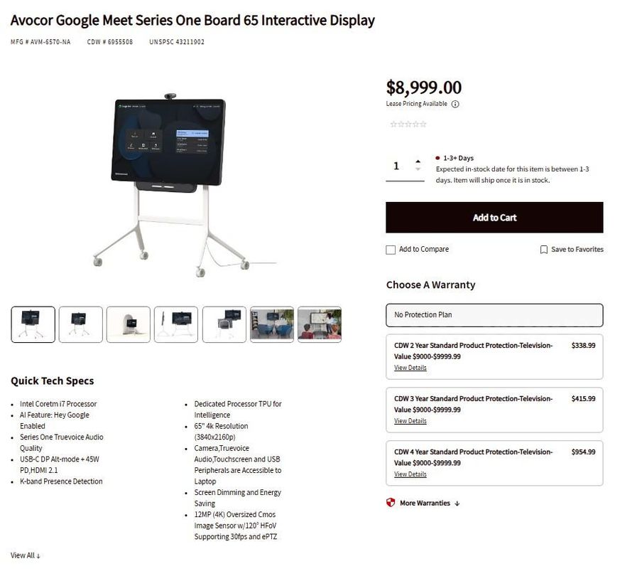 NEW Avocor Google Meet Series One Board 65” 4K Interactive Display