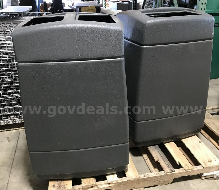 2 used dark grey double sided trash receptacle. (S2)