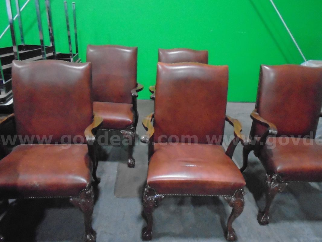 5 Classic Antique-Style Leather Armchairs – Carved Wood Detail
