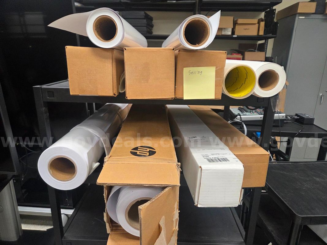 Lot of Misc Large Roll Printing Paper (some positionable mounting adhesive, some high gloss, misc.) - see photos