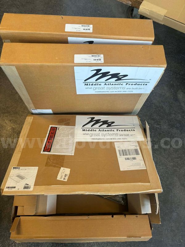 3x Middle Atlantic rack shelf kits. (2 New, 1 Incomplete)