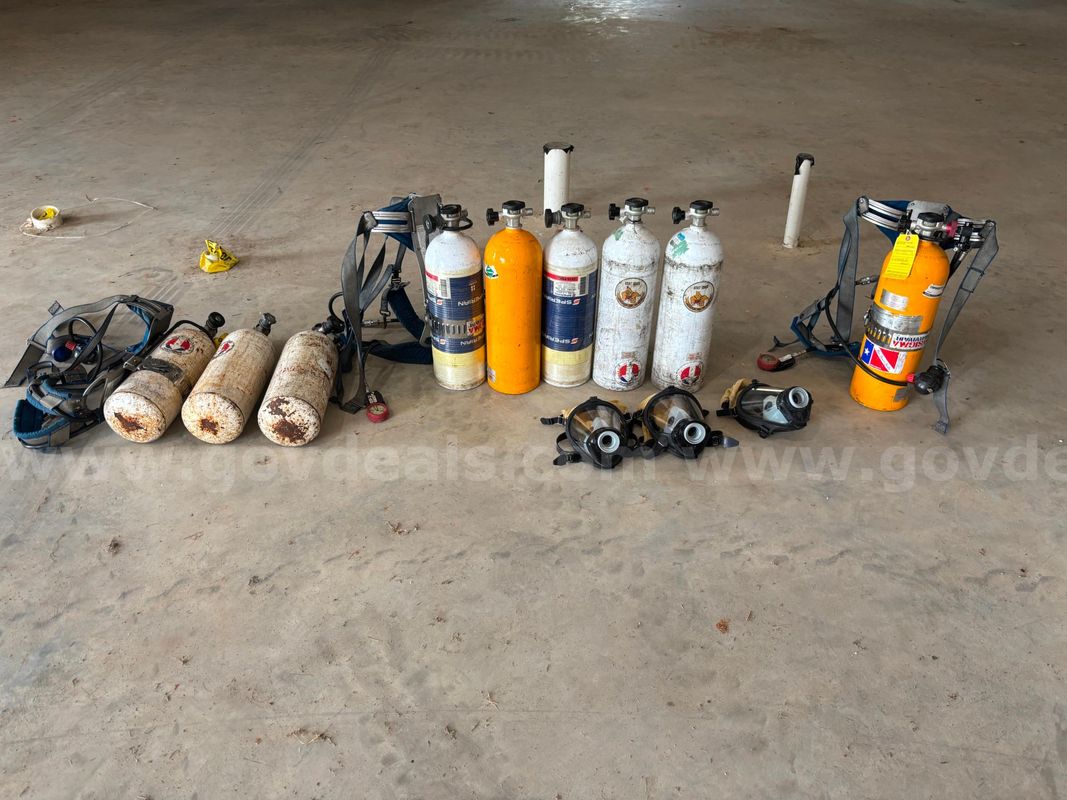 Lot of SCBA Air Cylinders, Face Masks, and Harness Assemblies
