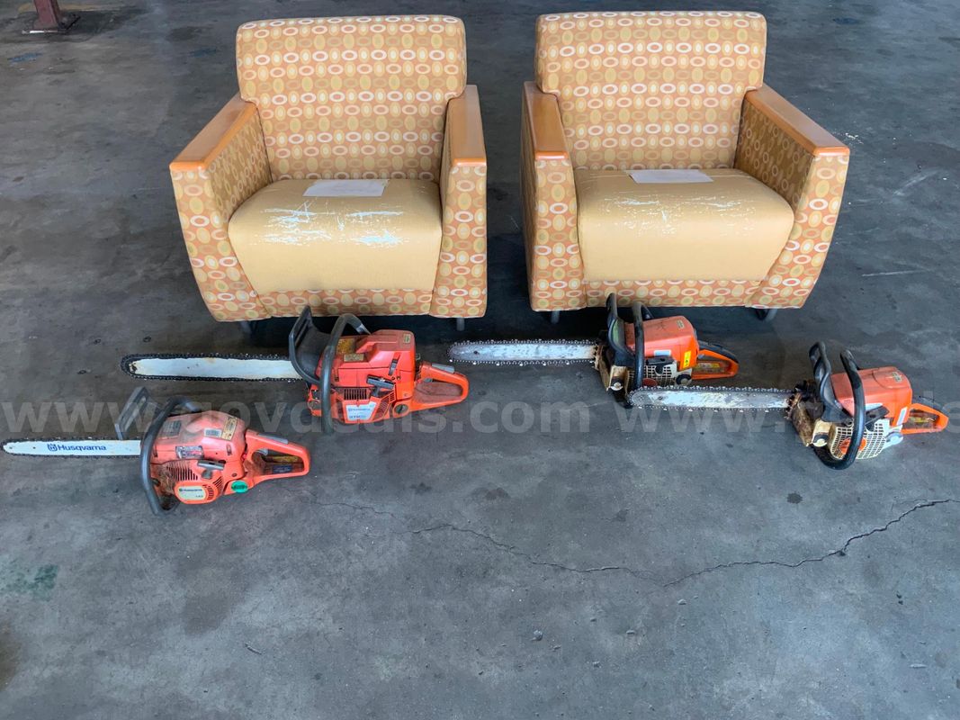 2 Still Chain Saws, 2 Husqvarna Chain Saws And 2 Chairs.
