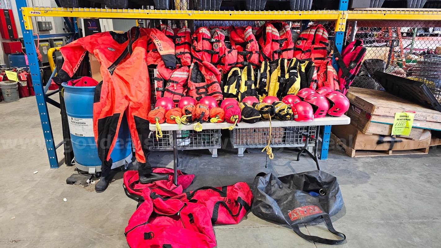 HUGE LOT OF WATER RESCUE EQUIPMENT PFDs, Throw rope, Dry suit, Helmets
