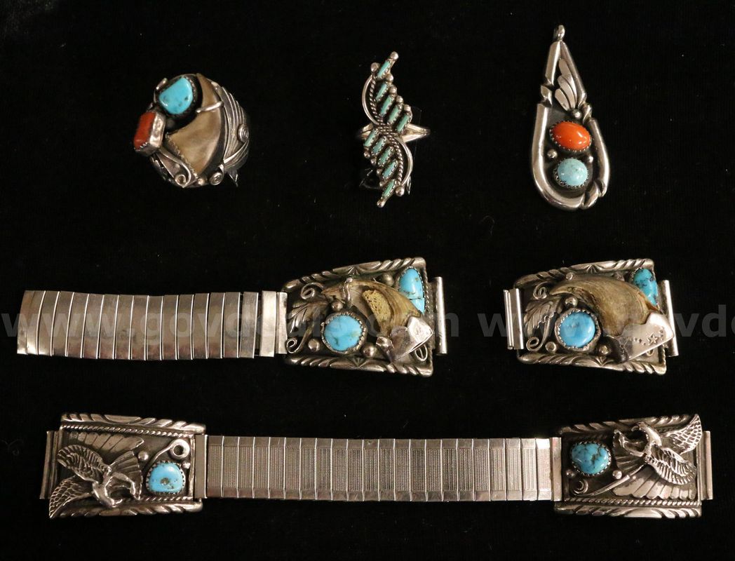 5 Assorted Pieces Of Native American Silver Jewelry W/Turquoise & Coral Stones