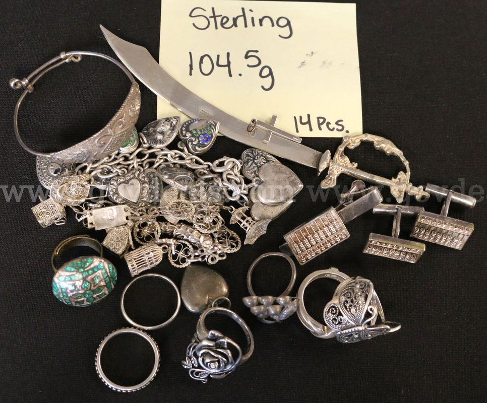 14 Pieces Assorted Sterling Silver Jewelry, 104.5 Grams Total