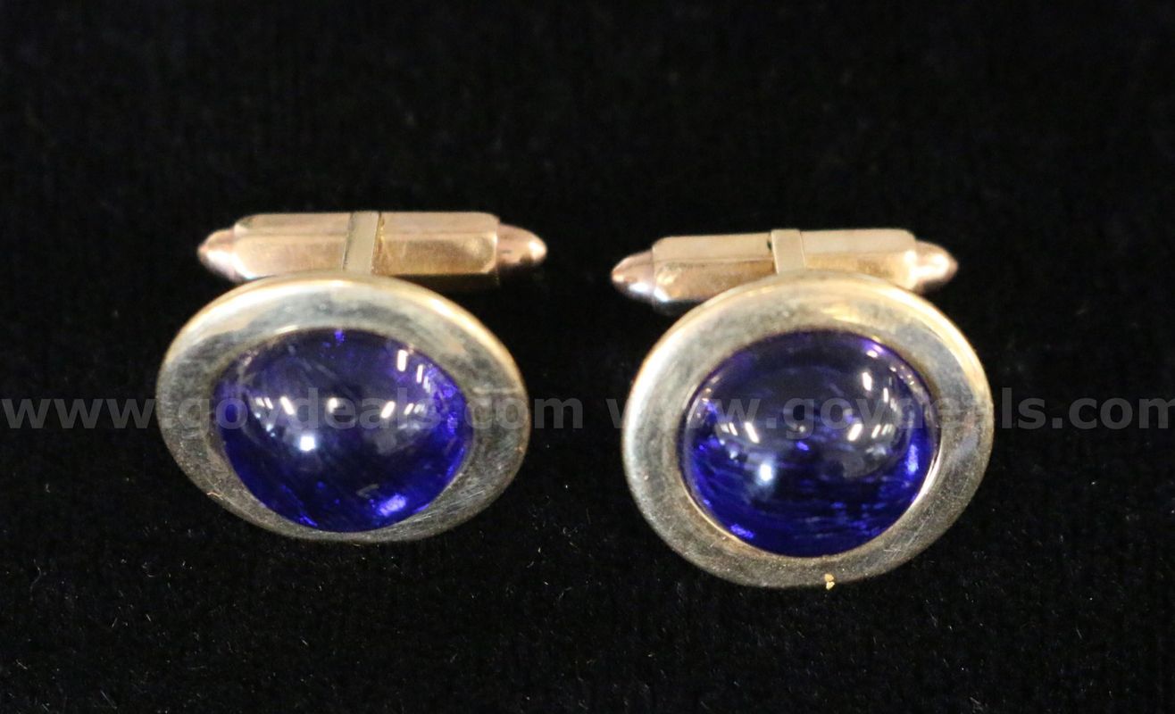 10K Yellow Gold Cufflinks With Blue Round Crystal Cabochon Stones, 6.6 Gams