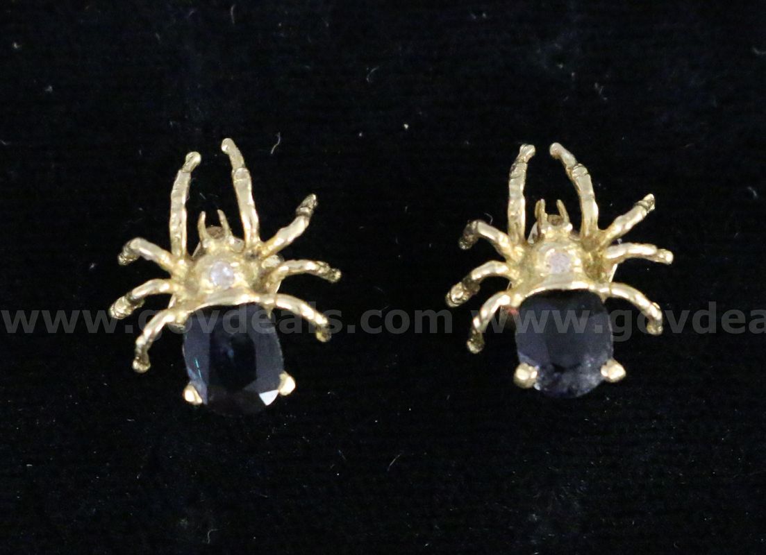 18K Yellow Gold Spider Motif Earrings With Diamond & Sapphire Stones, 2.0 Grams