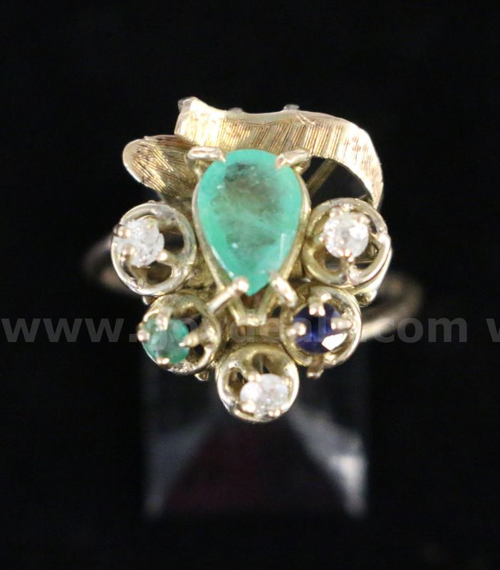 10K Yellow Gold Diamond Ring With Emerald & Sapphire Stones, 4.8 Grams