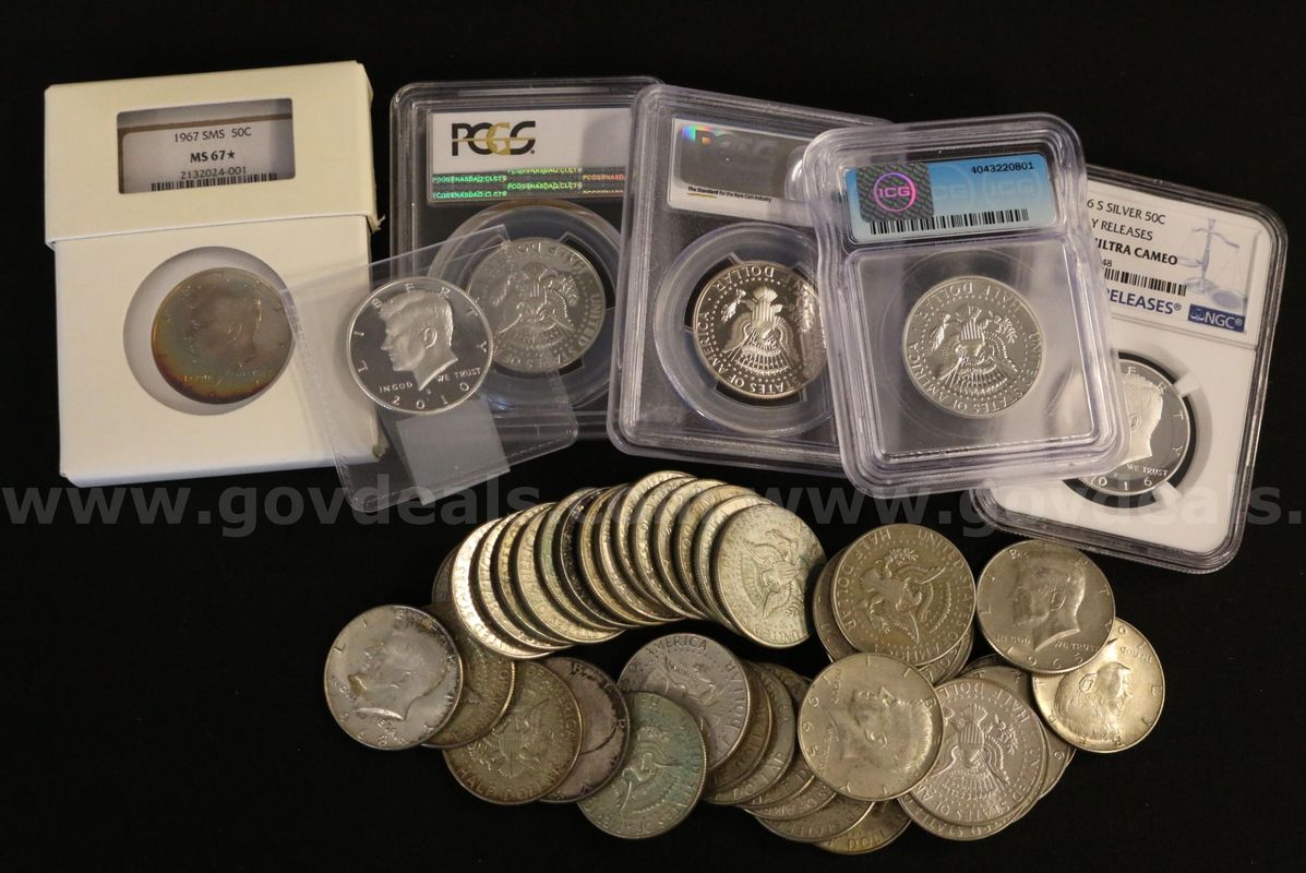 65 Assorted Kennedy Clad and Silver Half Dollars, 5 Graded and Slabbed