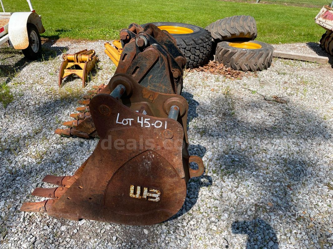 Lot of (3) Cat Buckets, (2)Cat Thumbs, and (2) Backhoe Tires