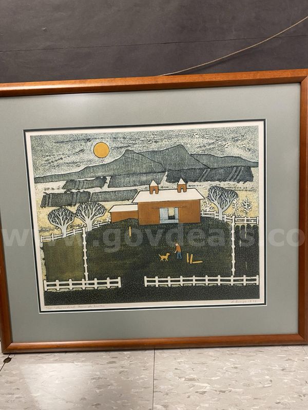 Wood Framed and Matted Original Color Collagraph – “Shenandoah Barn in Winter”