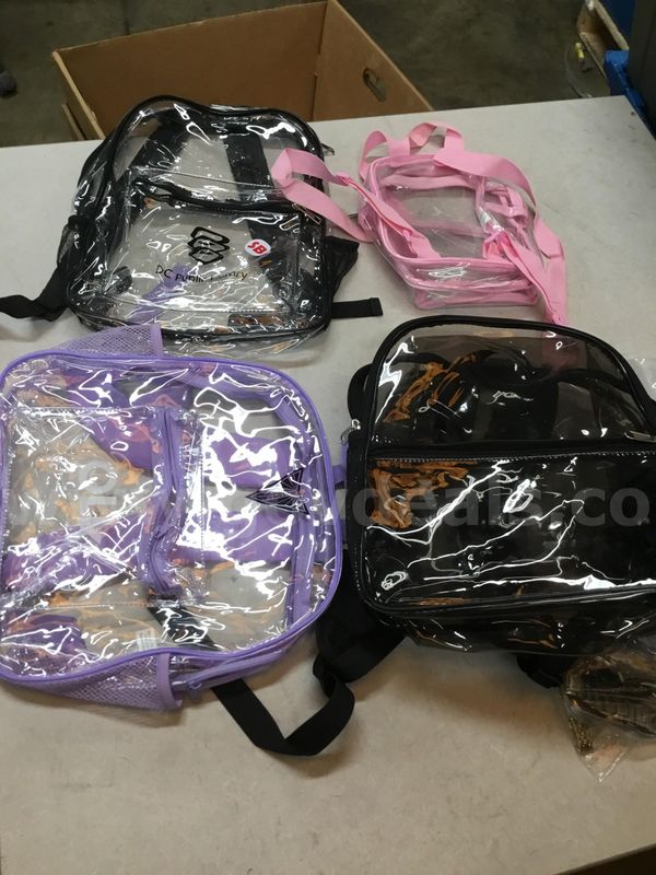 Lot of misc box items-purple Olly bookbag, pink & black clear bookbags "DH"