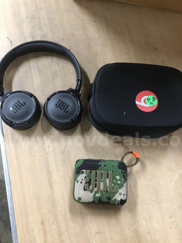 Lot of misc box items-JBL headphones, 3 1/2 inch camouflage JBL speakers (IT TURNS ON), JBL cord "DH"