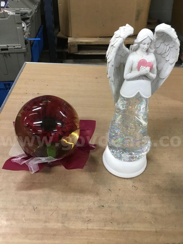 Red sunflower globe, & a white praying angel glitter snow globe "DH"