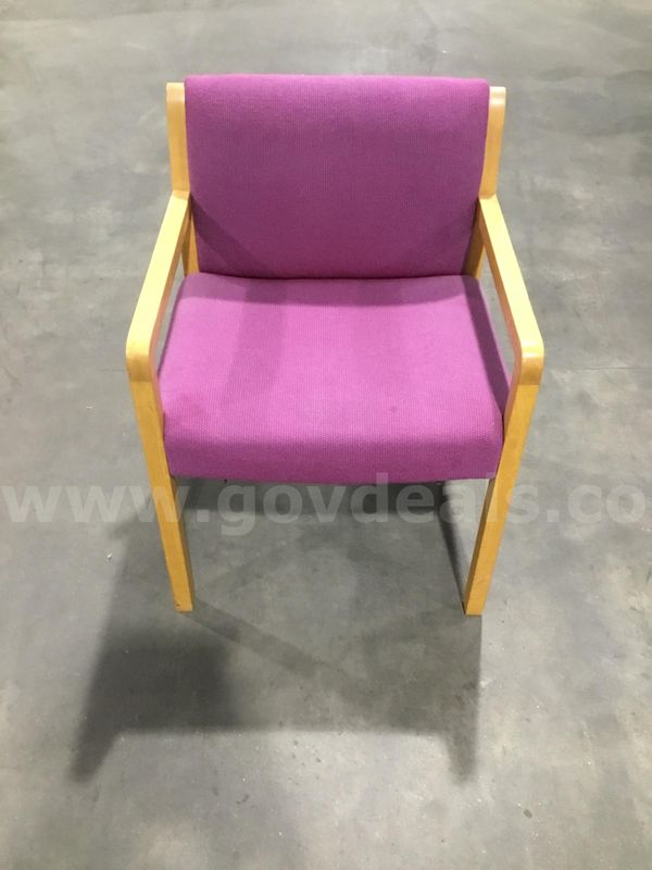 light purple waiting room chair; with light oak hardwood armrests "DH"