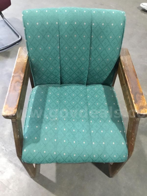 Green chair; with dark brown hardwood armrests "DH"