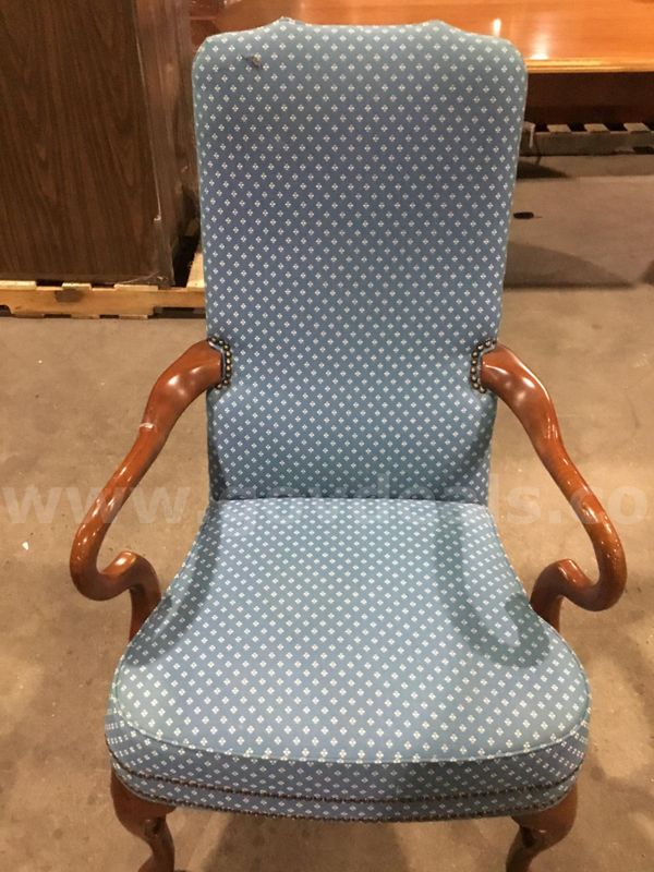 Blue executive chair; with dark brown hardwood armrests “DH”