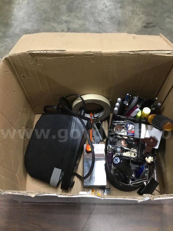 Box of misc office supplies “DH”