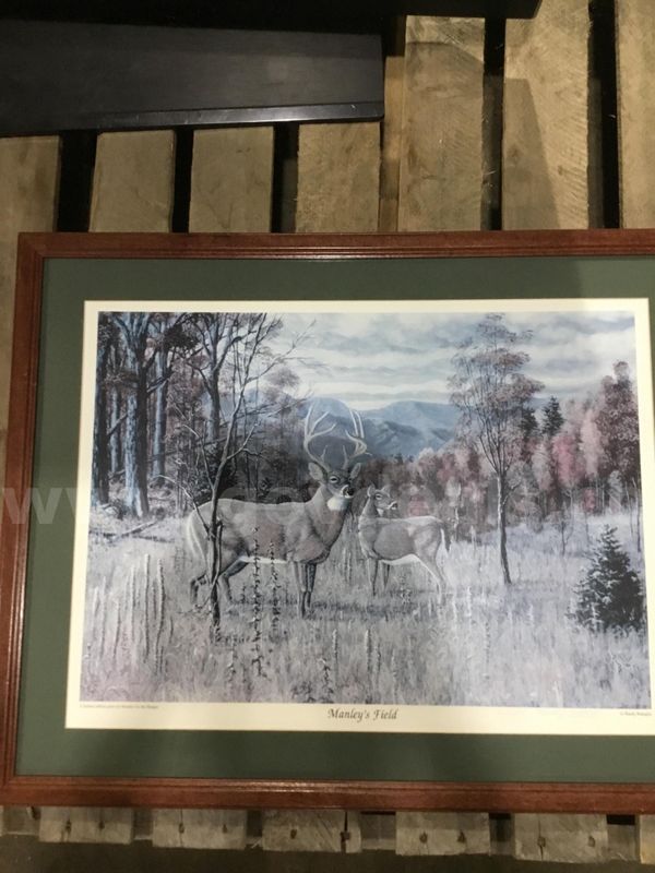 28 1/2 x 23 two deers in a woods painting; with a dark mahogany wood frame “DH”