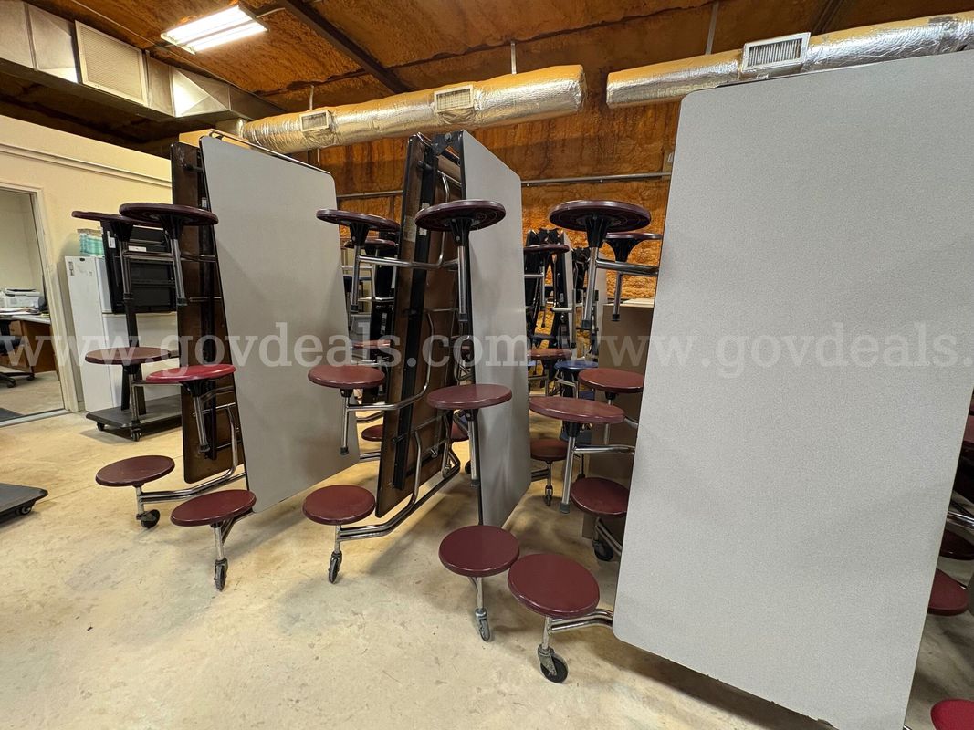 (6) Burgundy Cafeteria Tables