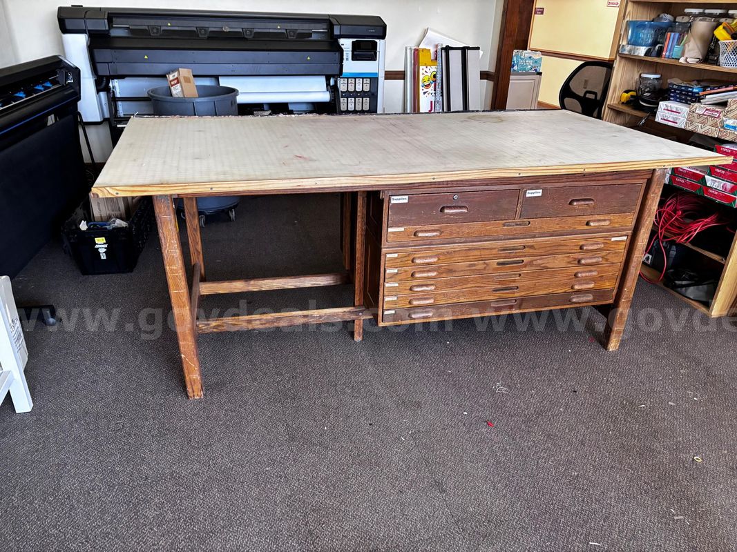 8 ft x 4 ft Heavy-Duty Wooden Drafting/Work Table with Flat File Drawers