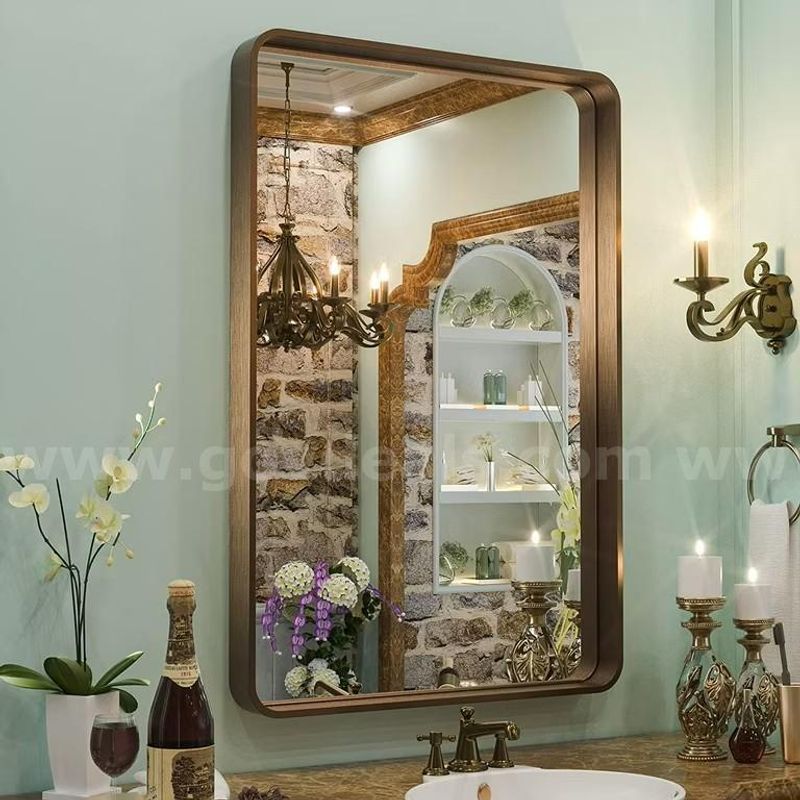 Brand New - 16" x 24" Wall Mount Mirror for Bathroom, Brushed Gold Metal Framed Rounded Corner - Shipping Available