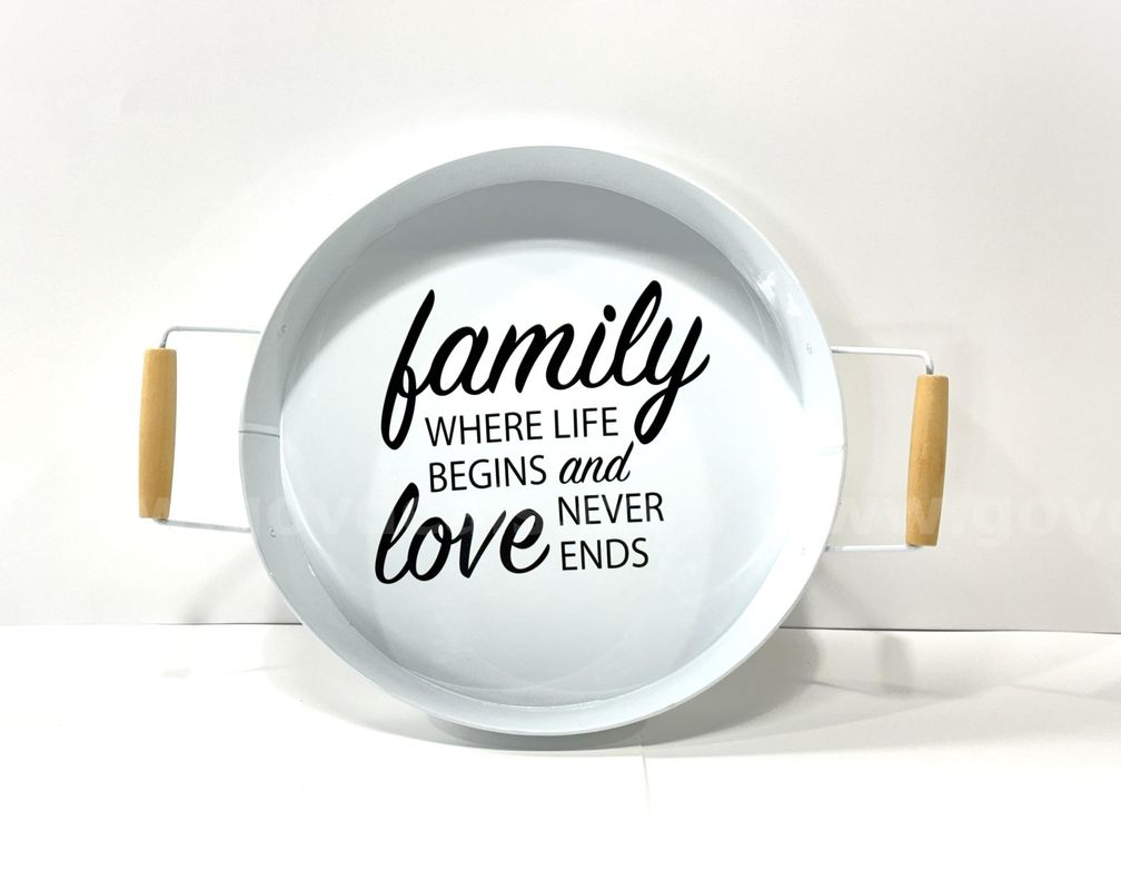 Brand New - 2PCS - Farmhouse White Metal Serving Tray "Family.." Round with Wood Handles - Shipping Available