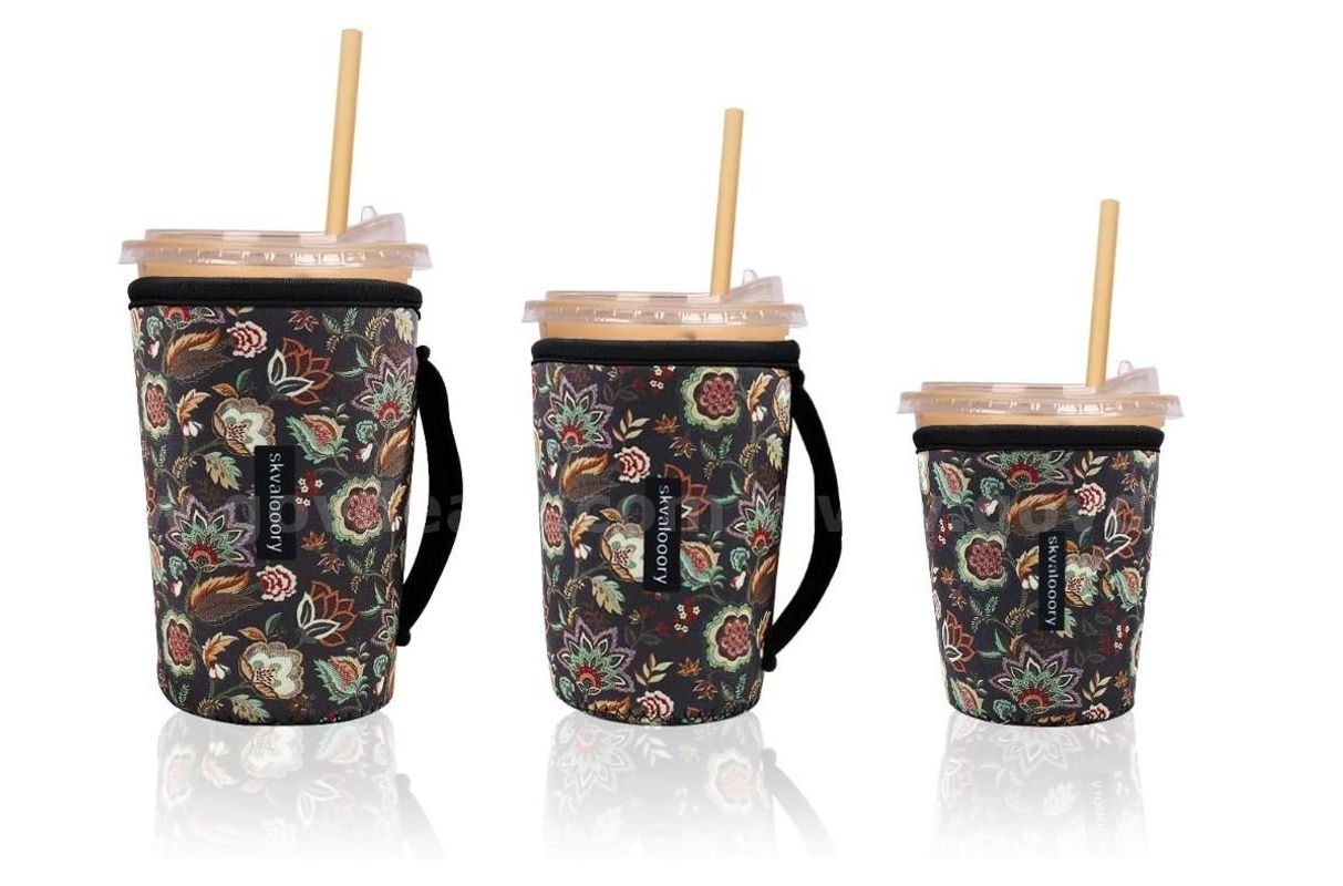 Brand New - 3 PCS - Thermal Foil Insulated Iced Coffee Cup Sleeves, 16-32oz, Green Flowers - Shipping Available
