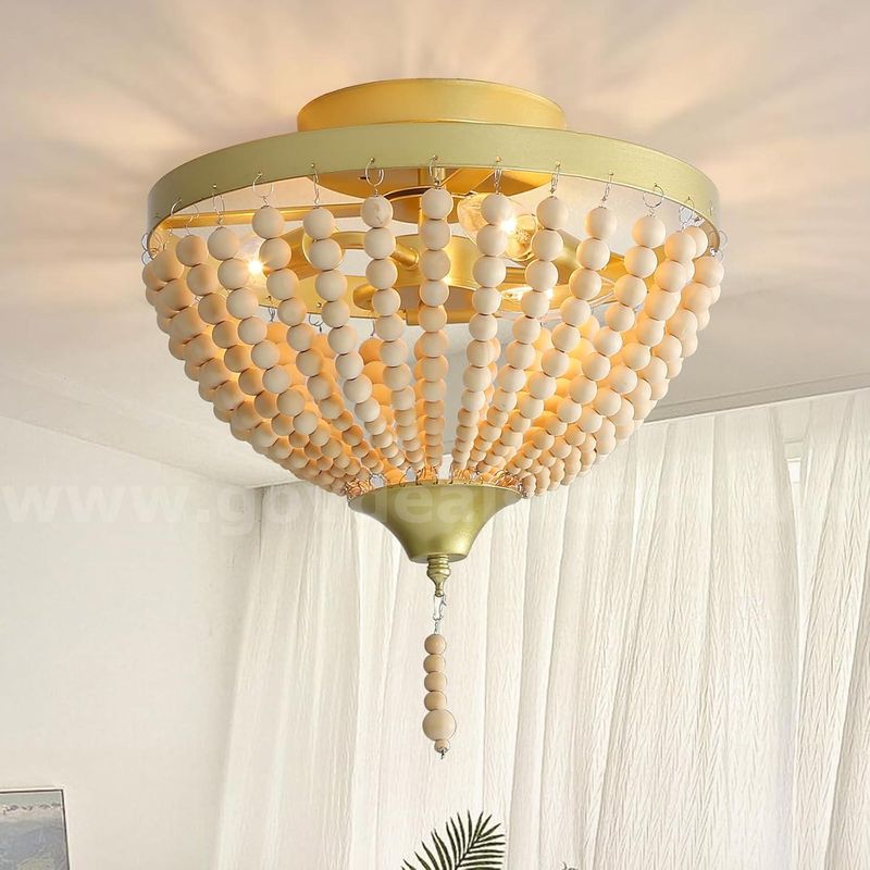 Brand New Eustace Bohemian Wood Beaded Ceiling Light - Rustic Gold Mini Chandelier - Shipping Available