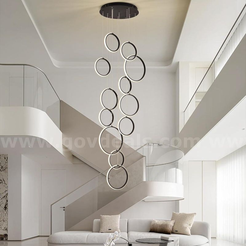 Brand New Modern LED Chandelier – 12-Ring High Ceiling Hanging Light with Remote, Adjustable Height (Black) MSRP $240