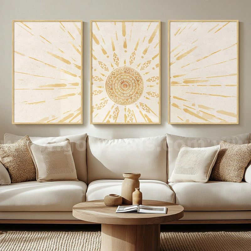 Brand New - Large Framed Boho Sun Abstract 3 Piece Bohemian 24"x36" - Shipping Available