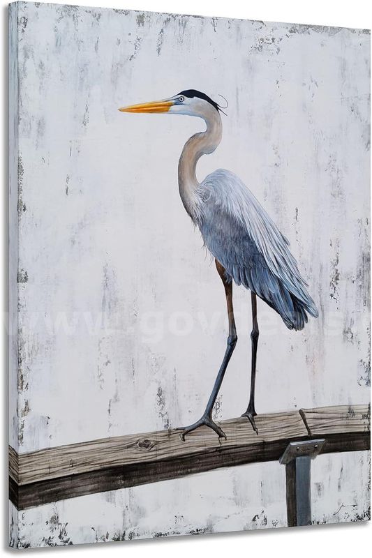 Brand New - Heron Canvas Wall Art with Textured - Rustic Animal Oil Paintings 20"x28" - Shipping Available