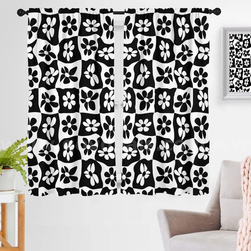 Brand New - 42"x 63" Black Floral Window Curtain White Flowers Checkered - Shipping Available