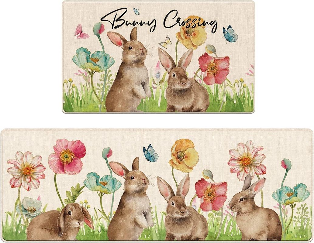 Brand New - 2PCS - Tailus Easter Bunny Crossing Decorative Kitchen Rugs, Rabbit Kitchen Mat - Shipping Available