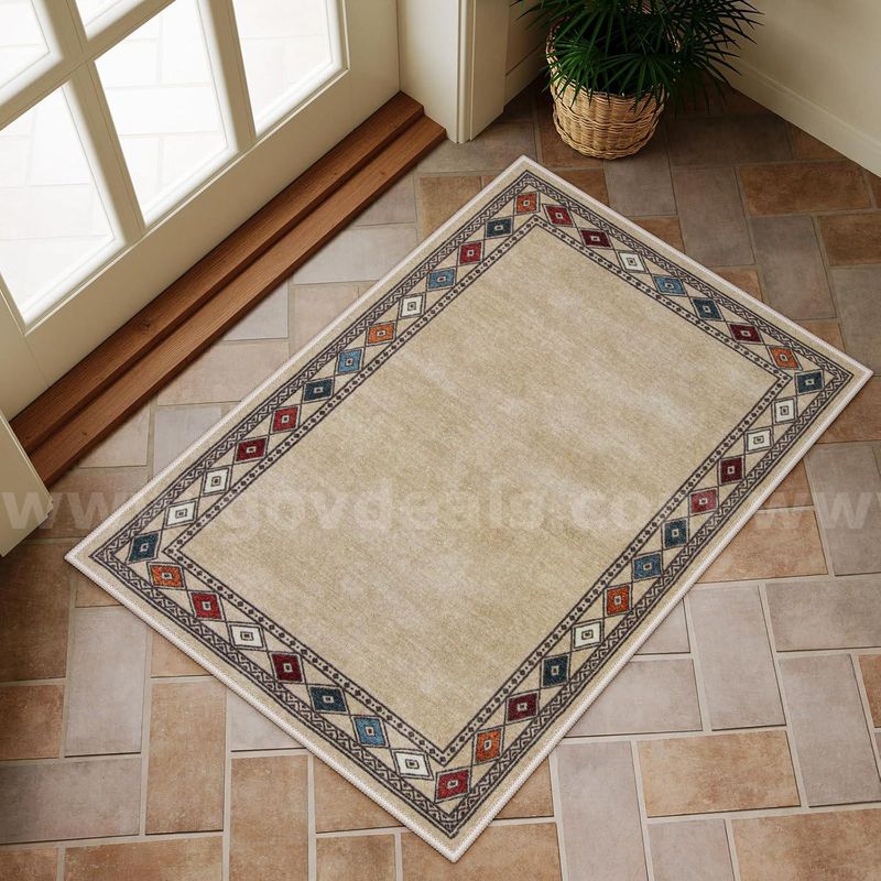Brand New - 2'x3' Modern Bordered Entryway Rug, Kitchen Rugs Non Slip, Beige - Shipping Available