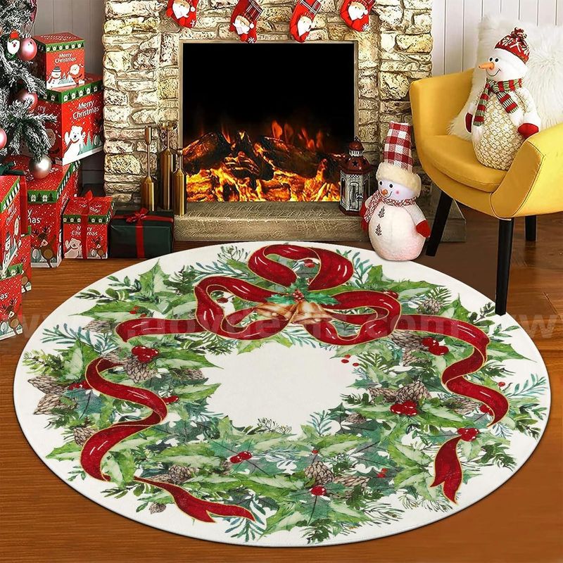 Brand New - 4ft Christmas Washable Round Area Rug Bell Leaves Laundry, White - Shipping Available