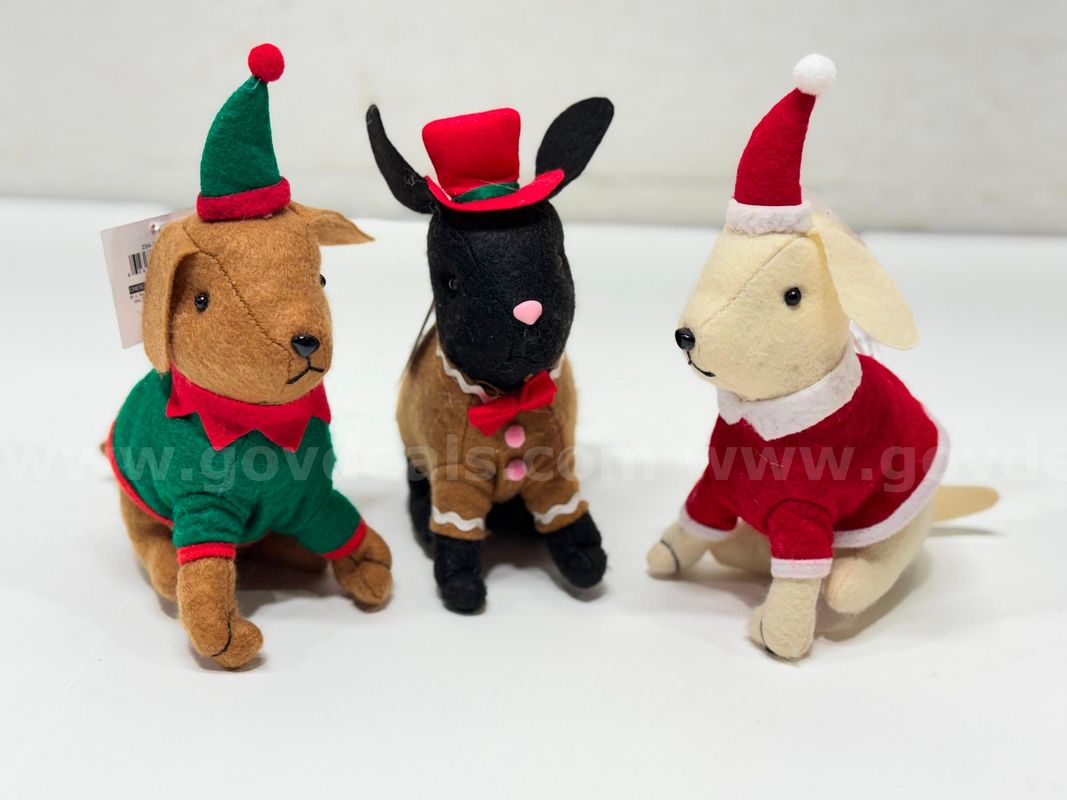 Brand New - 3 PCS - Christmas Plush Dogs, Beige Brown Black - Shipping Available