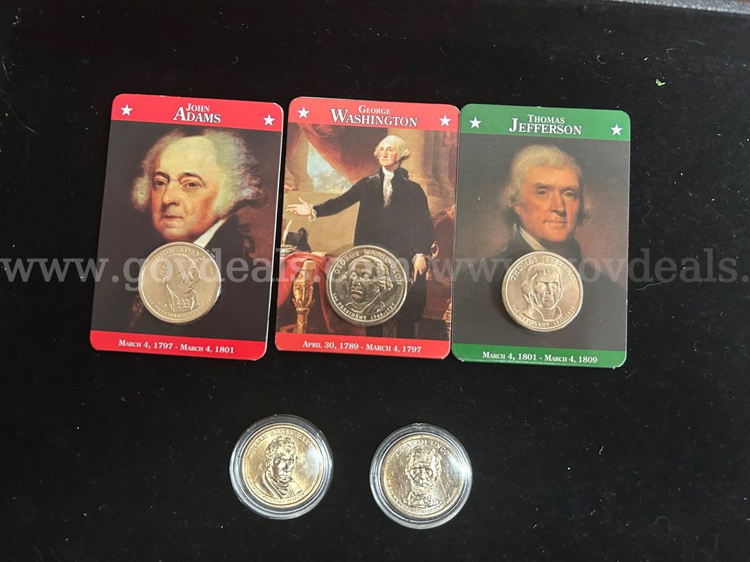 Five Presidential Coins (3) Encased On Card Fact Sheets, (2) Plastic Encased