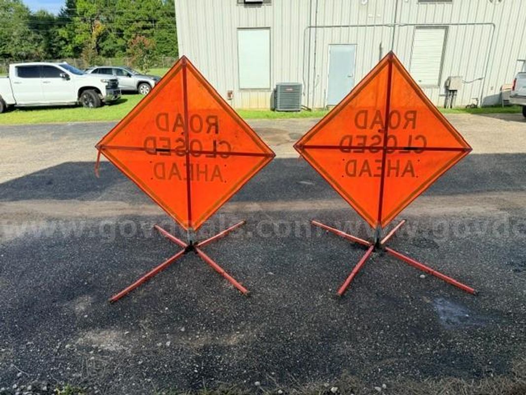 2 Used Collapsible Road Closed Signs with Folding Stands