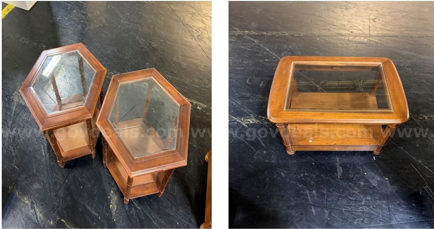 Vintage USPS Set : 3 Glass Top End Tables Antique Wooden Frame