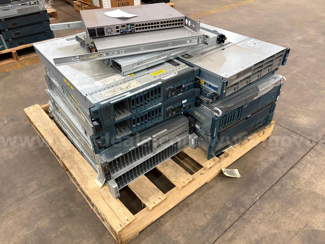 Mixed pallet of Servers: Cisco, Apple and HP. Firewall, KVM and UPS.