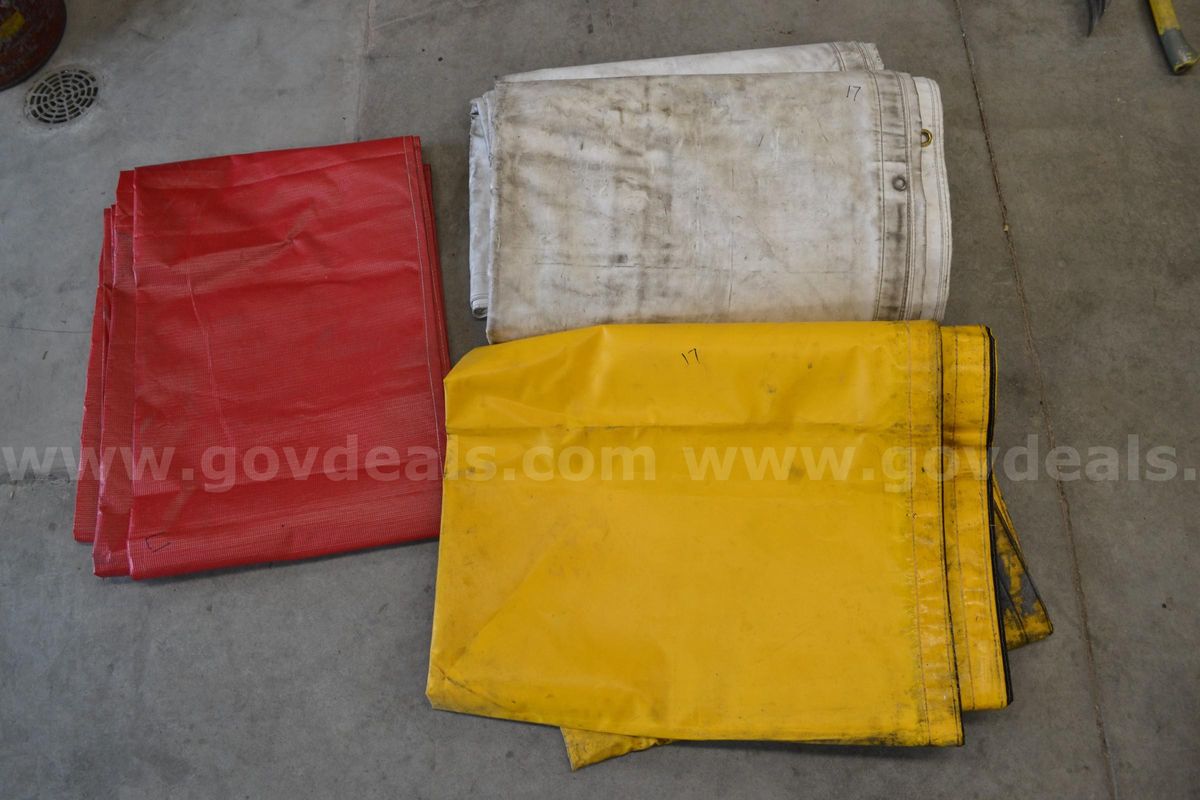 3 Vinyl Tarps To Include One (1) Yellow 4'X10', One (1) Red 3'X30', And One (1) White 14'X18'